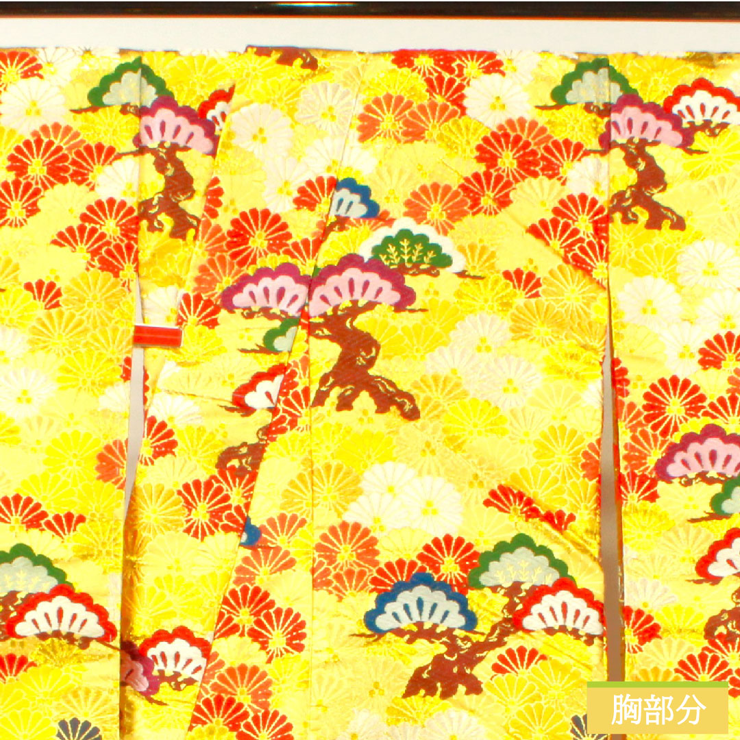 Colored uchikake, pure silk, length 190cm, sleeve length 66cm, Karaori, pine and chrysanthemum, with basting thread, unused, S rank, lined, gold, 1110000852921