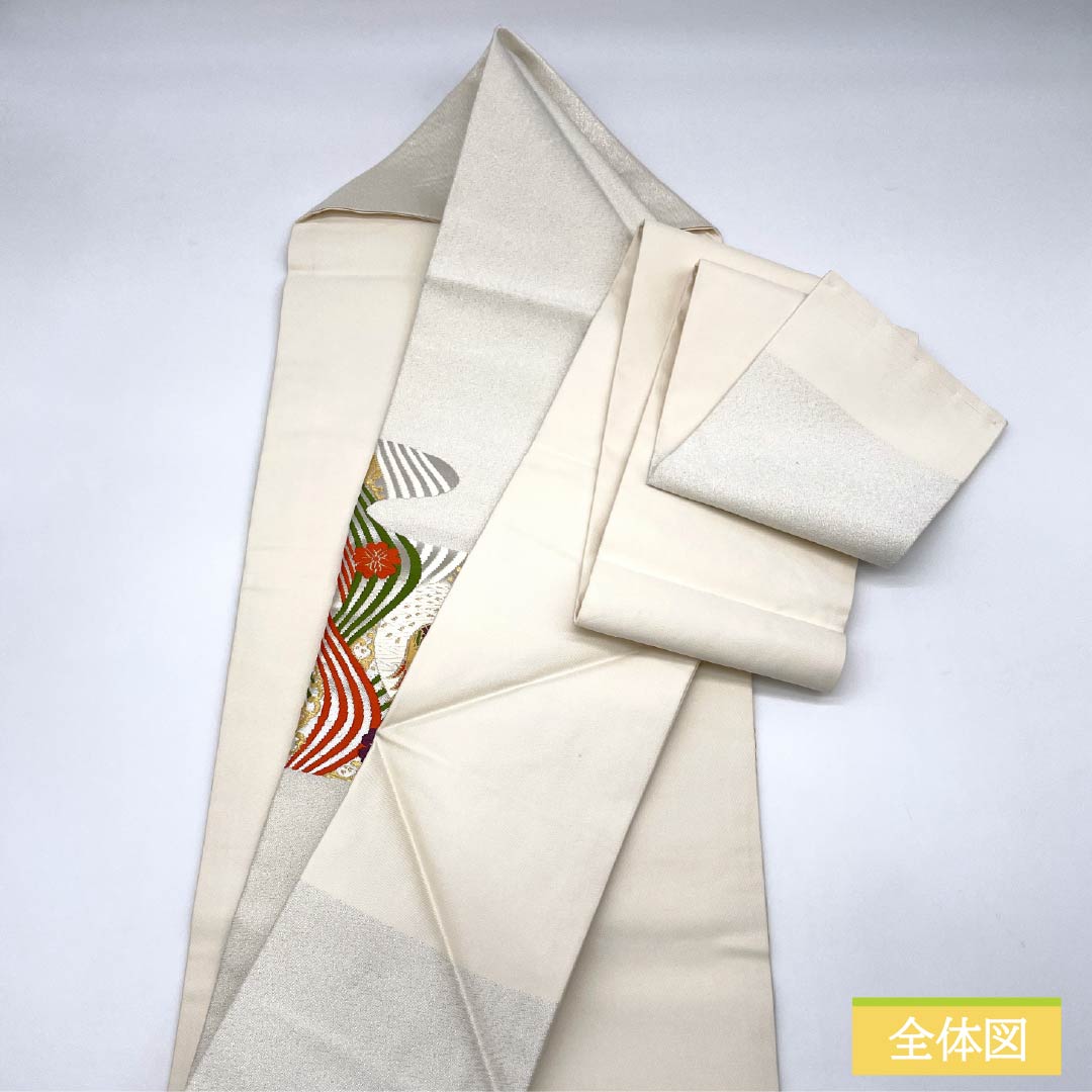 Nagoya Obi with a Mandarin and Cherry Blossom Design and Wave Pattern, Length 364cm, Pure Silk, A-Rank, Pointed Pattern, Silver, Semi-Formal, 1124008933322, Nagoya Style
