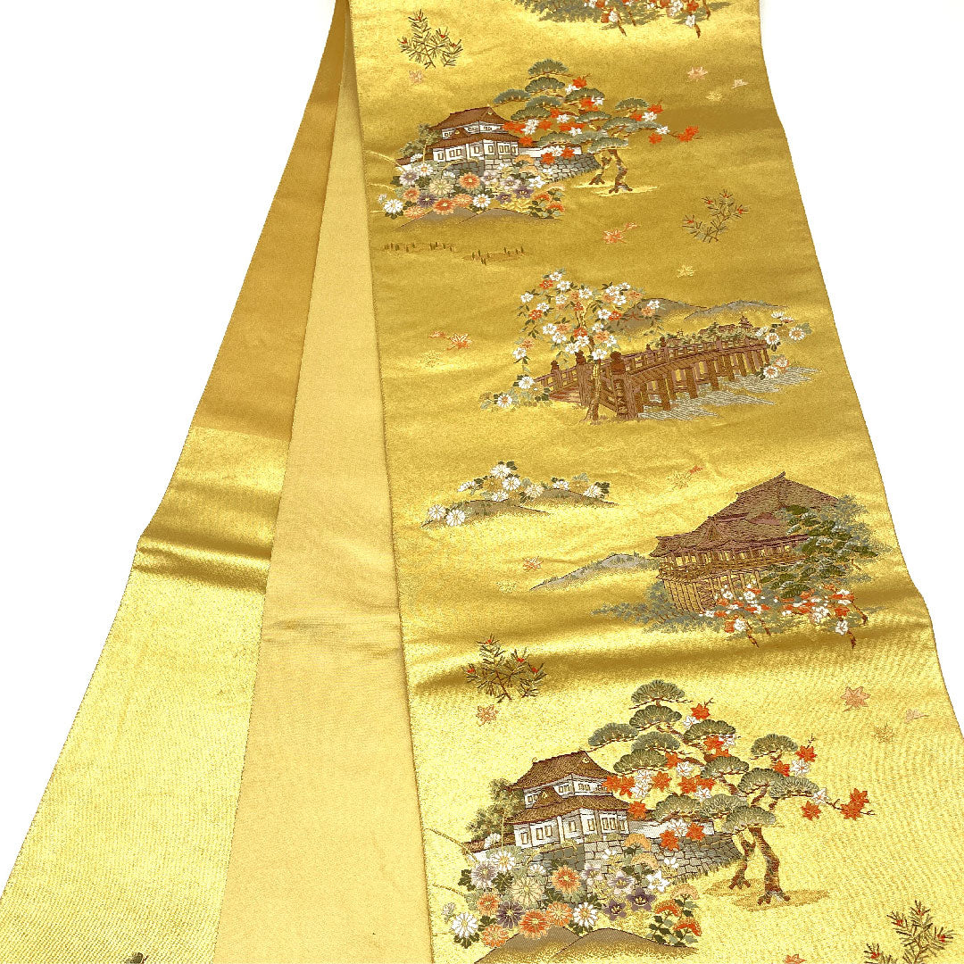 【未仕立】袋帯 正絹 Aランク 京洛絵文 本金箔    帯丈438cm 六通 フォーマル 金系 1123004413321