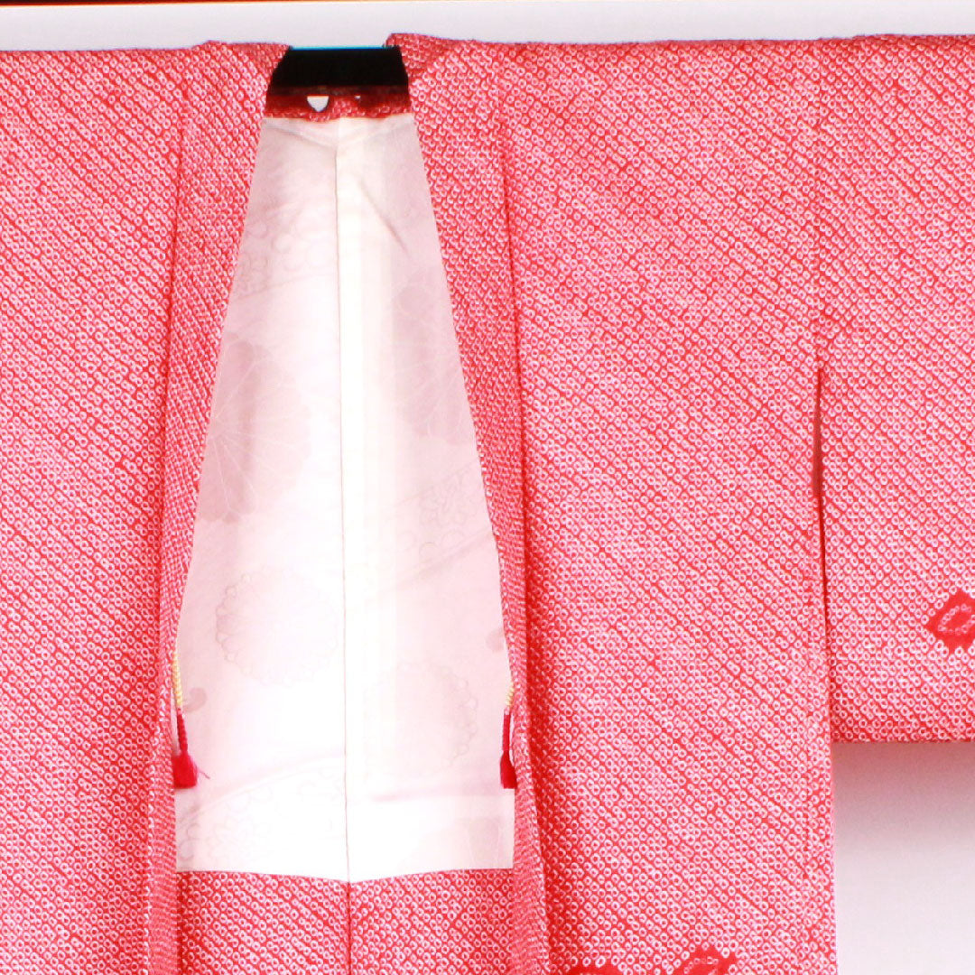 羽織 身丈79cm 裄丈63cm 土耳古赤色 絞り 抽象模様 正絹 Aランク 袷 赤系 1117000303912