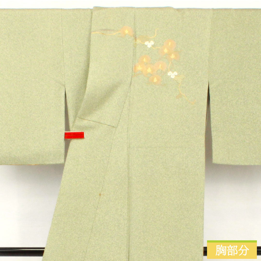 訪問着 正絹 袷 身丈155cm 裄丈62cm 裏葉色（うらはいろ） 京友禅 タタキ染 草花模様 作家物 Aランク 緑系 1112005413319