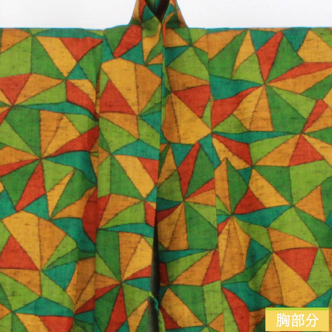 Travel kimono (single layer) wool S-rank, length 93.5cm, sleeve length 68cm, willow green (ryuryokuiro) color, geometric pattern, with basting thread, green-based, product number 1117001222919