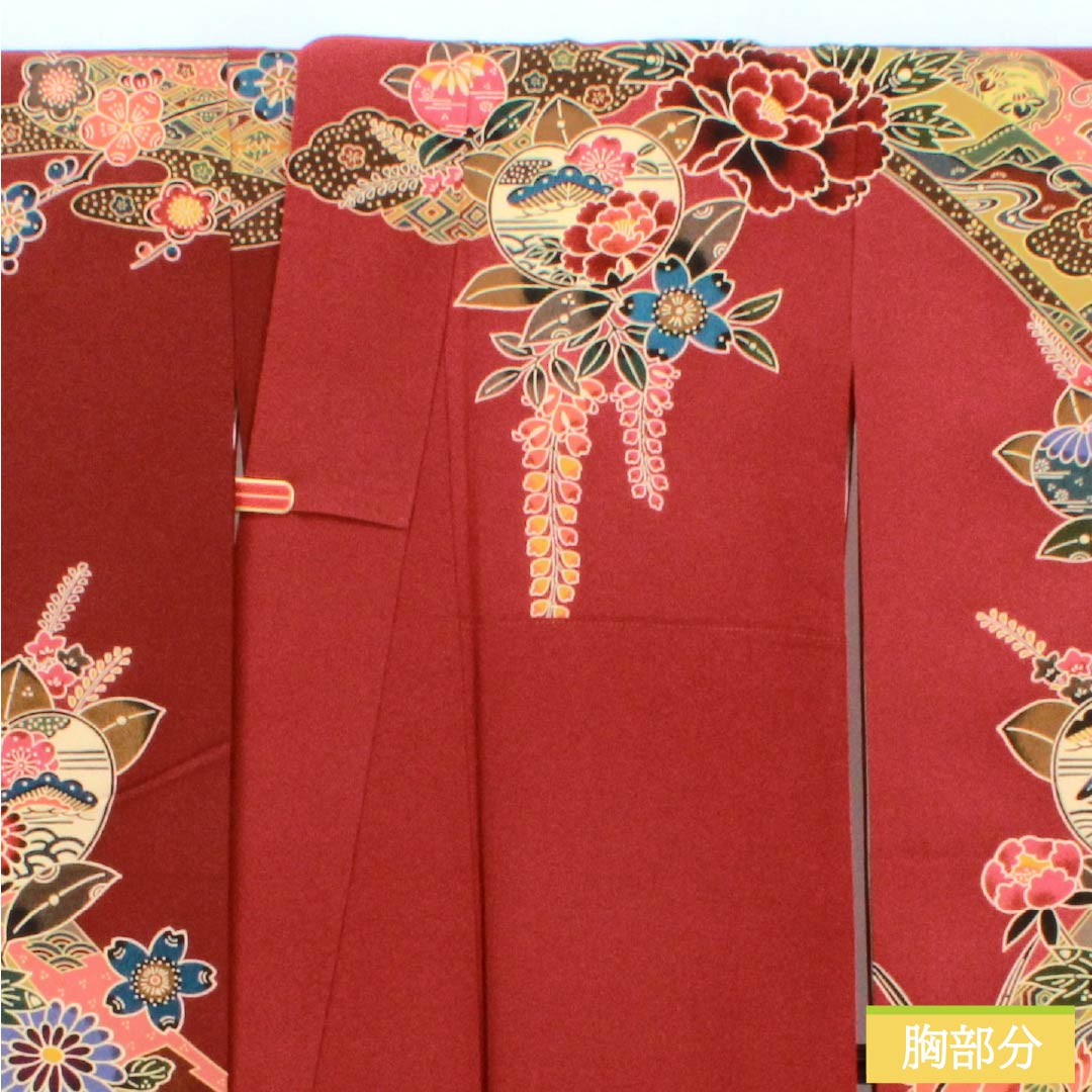 Kimono (Furisode) Pure Silk A Rank, Length 164.5cm, Sleeve-to-sleeve 67.5cm, Lined, Oxblood Red, Kyo-Bingata, Auspicious Motifs, Yume Guard Processed, Red tones, 1113002923412