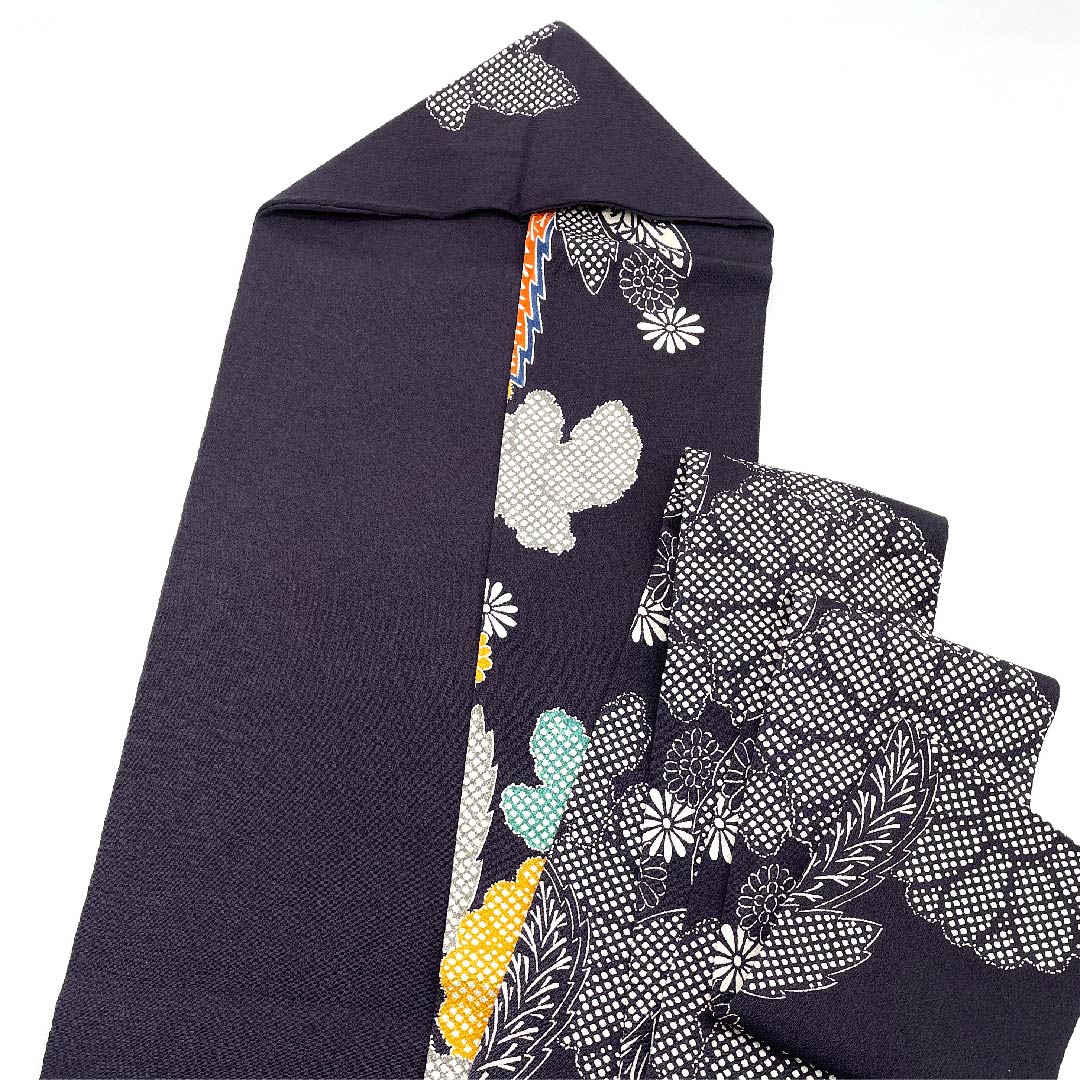名古屋帯 紫黒色 京紅型 栗山工房 花柄 帯丈372cm 正絹 Sランク ポイント柄 カジュアル 紫系 1124005222320  名古屋仕立て