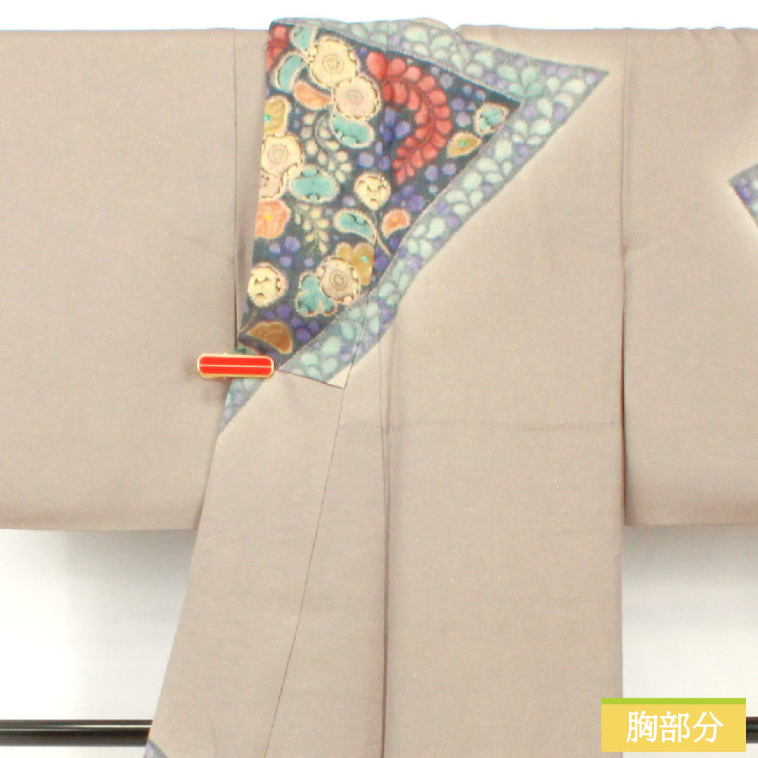 Homongi (formal kimono) made of pure silk, lined, length 159.5cm, sleeve length 64.5cm, purple-gray, Tsujigahana pattern, gold thread, A-rank, gray, 1112005063322