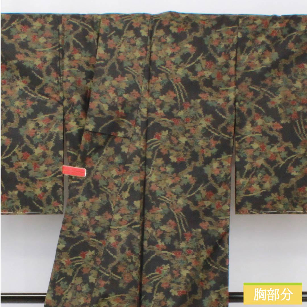 Pure silk tsumugi (pongee) kimono, S rank, length 157.5cm, sleeve length 62cm, Oshima tsumugi with horizontal double-kasuri pattern, full flower pattern, lined, black, with basting threads, product number 1116004062310