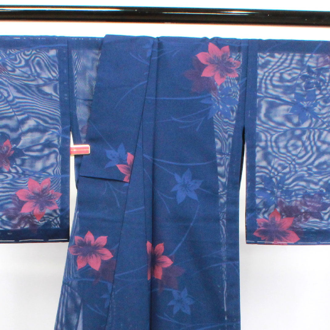 夏物 正絹 小紋 身丈168cm 裄丈63.5cm 紺桔梗色（こんききょういろ） 草花模様 しつけ糸付き 未使用品 紗 Sランク 紺系 1132001282518