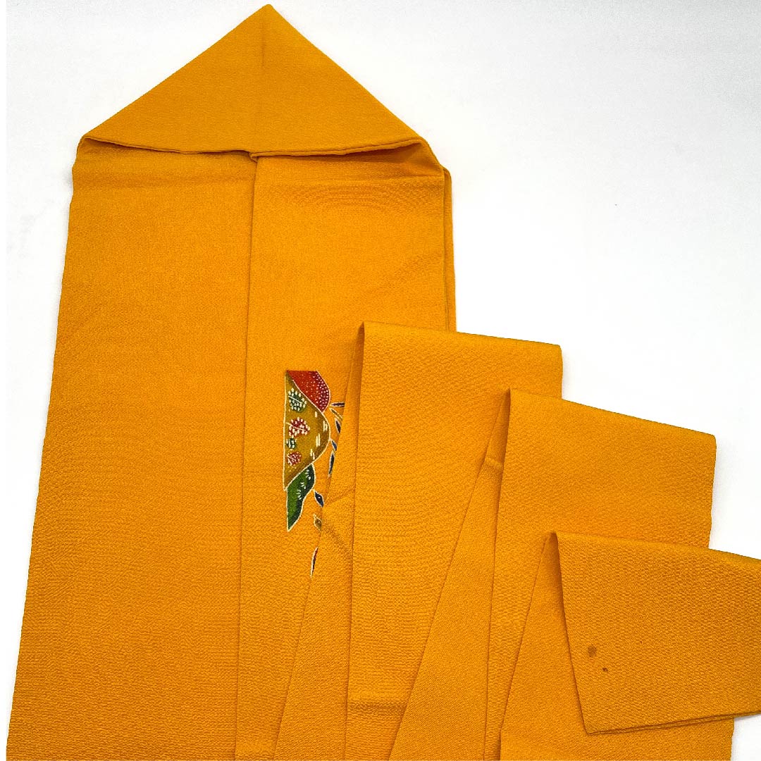 Nagoya obi, orange, Satoyama landscape, bird, crepe, obi length 381cm, pure silk, A rank, point pattern, casual, yellow, 1124004363323, Nagoya style