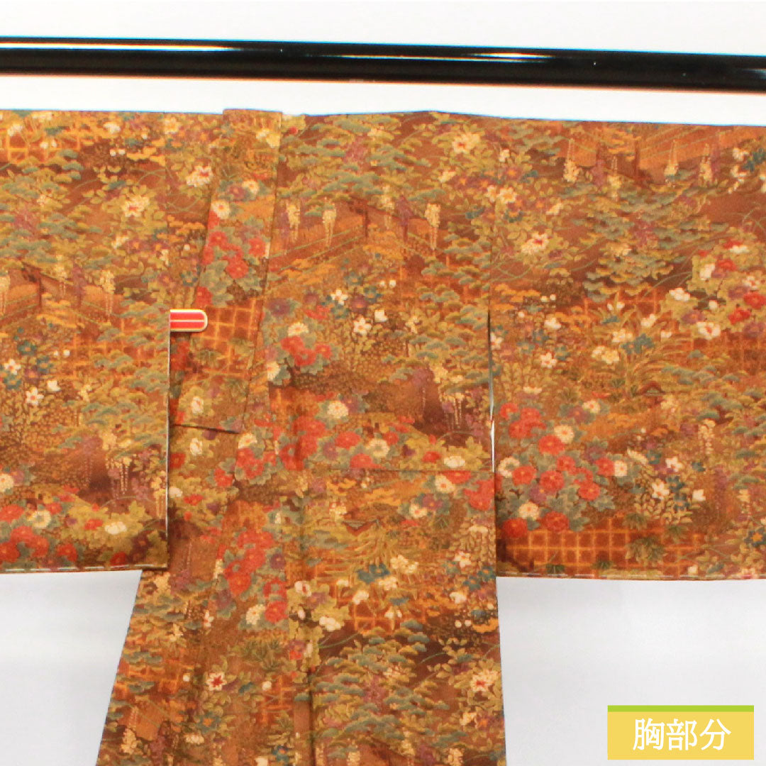 小紋 正絹 身丈140cm 裄丈60.5cm 袷  濃茶色 草花模様 しつけ糸付き 未使用品  Sランク 茶系 1115003732114