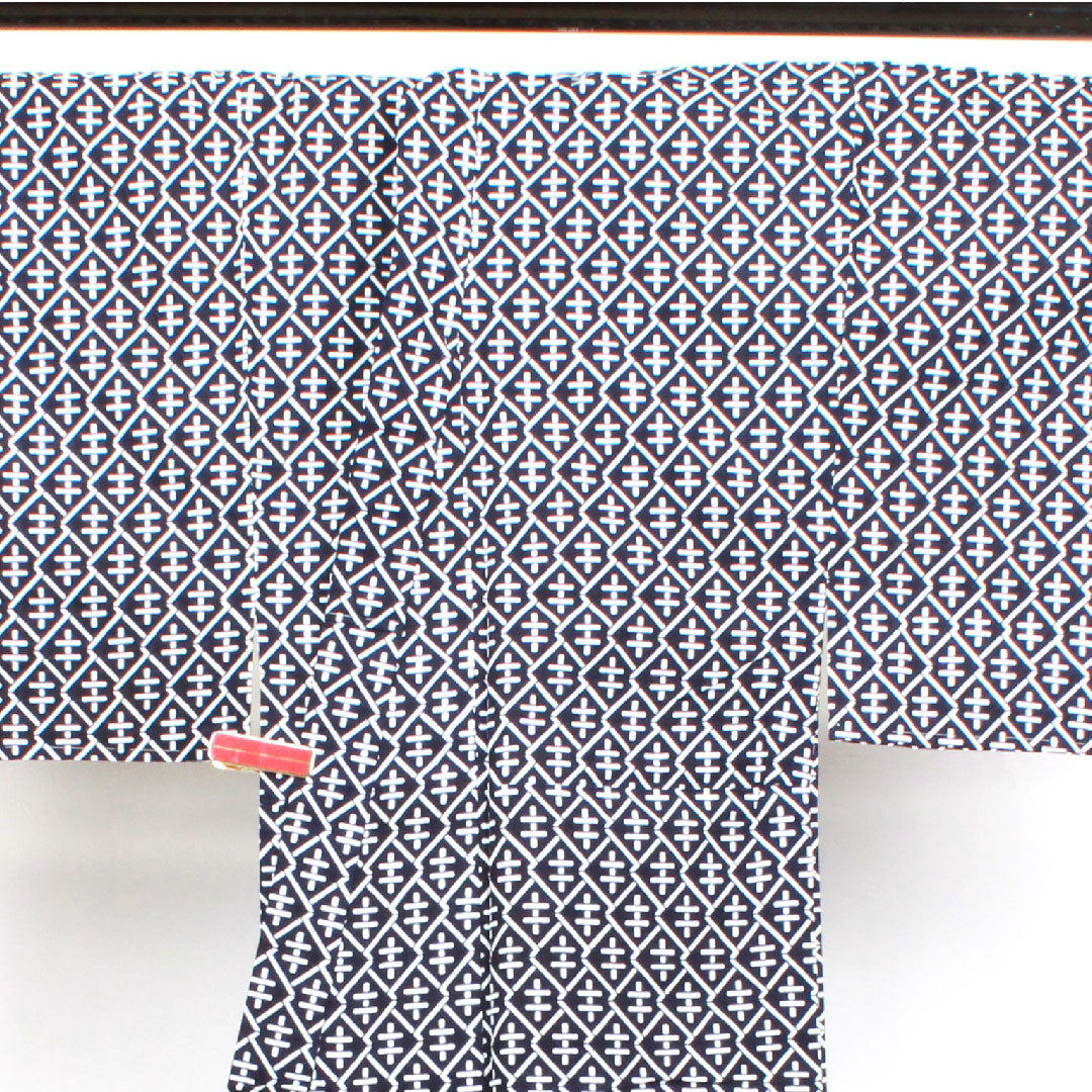 Men's Yukata, Geometric Pattern, Cotton, B Rank, Single Layer, Length 150cm, Sleeve Length 70cm, Navy Blue, 1118001614118