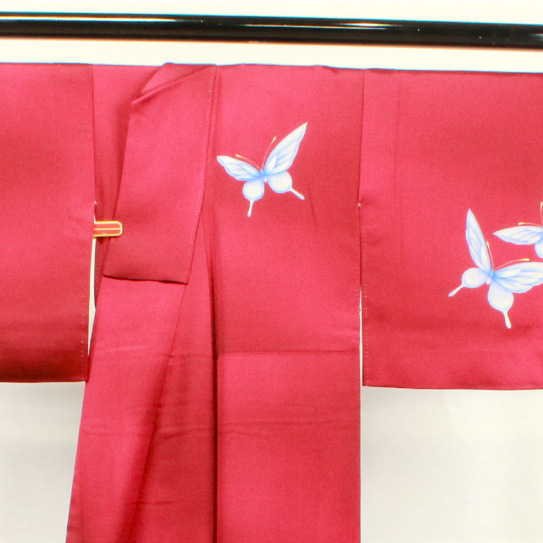 Homongi, pure silk, lined, length 151cm, sleeve length 63cm, dark red, butterfly, S rank, purple, 1112002992220