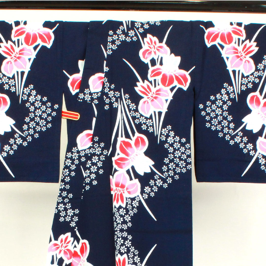 浴衣 濃紺色 菖蒲 木綿 Sランク 単衣 身丈152cm 裄丈67.5cm 紺系 1118002462218