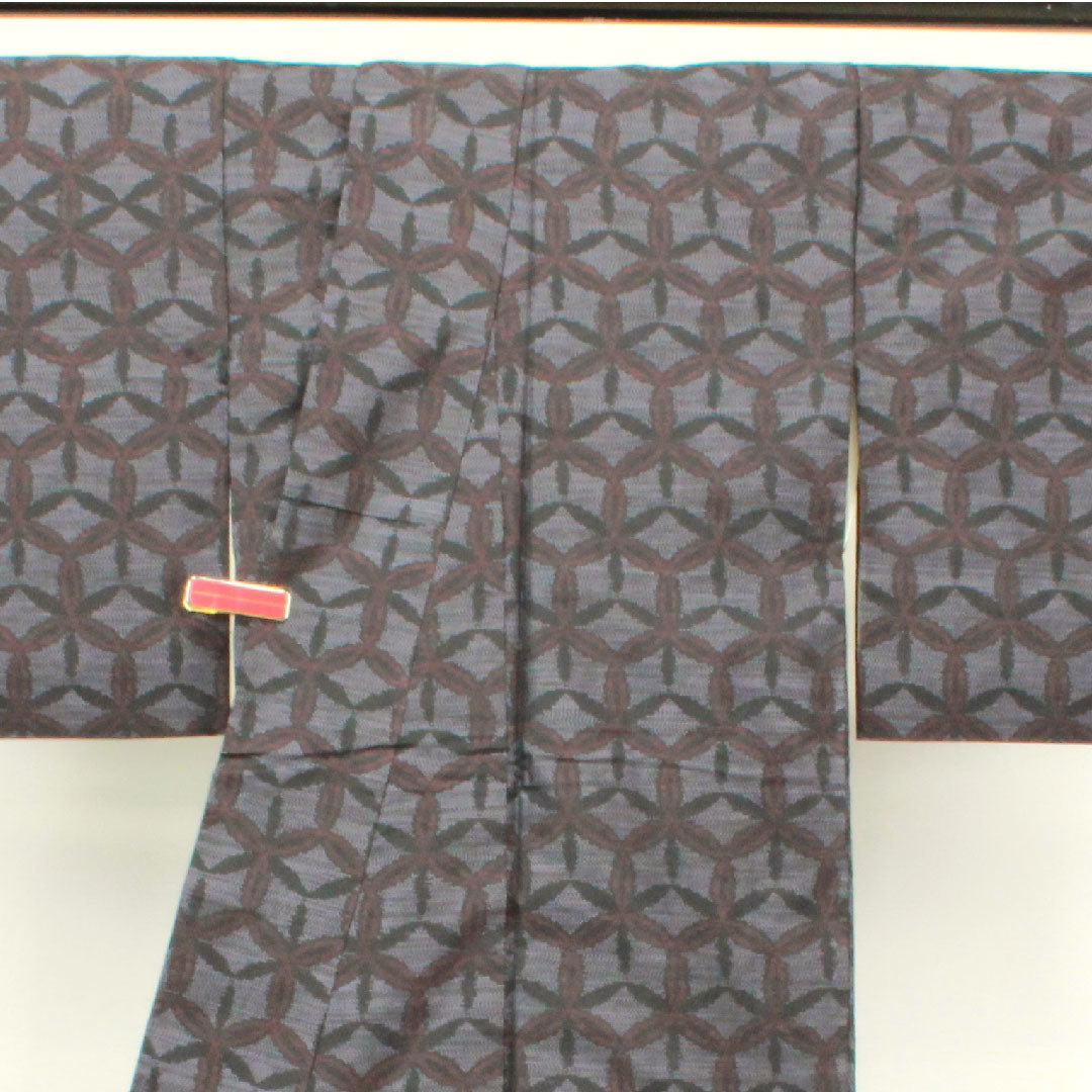 Oshima Tsumugi, Length 160cm, Sleeve length 63.5cm, Weft Kasuri, Shippo, Pure Silk, A Rank, Lined, Black, 1116002583410