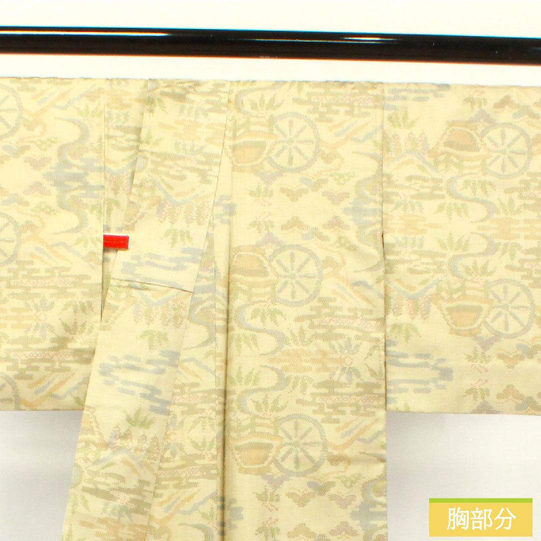 大島紬 正絹 身丈157.5cm 裄丈64.5cm  蕎麦切色 緯総絣 風景模様 Aランク 袷 ベージュ系 1116002883325