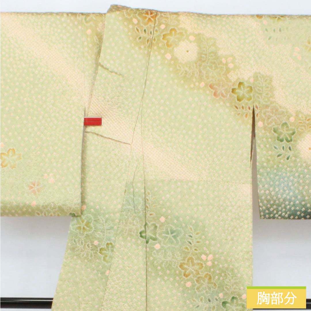 訪問着 正絹 Bランク 袷 身丈160.5cm 裄丈65.5cm 硫黄色（いおういろ） 総絞り 草花 緑系 1112007444419
