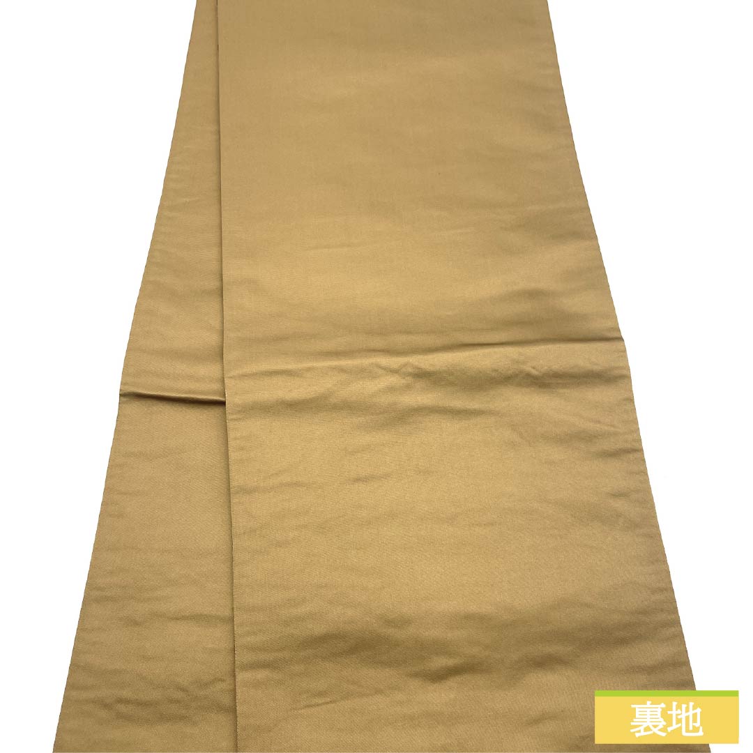 Fukuro Obi (sash) made of pure silk, S-rank, in a gray-yellow Yamabuki color, by Hakuryoen Oba, featuring a classic autumn leaf and iris pattern. Length: 434cm, six-fold, formal, beige. Product number: 1123015072325