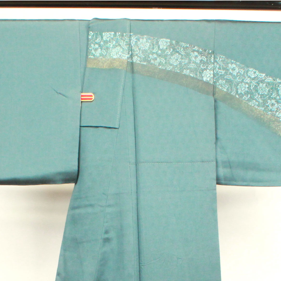 訪問着 袷 身丈154.5cm 裄丈66cm 錆納戸色 金彩加工 扇面 吉祥文様 正絹 Sランク 青系 1112002682217