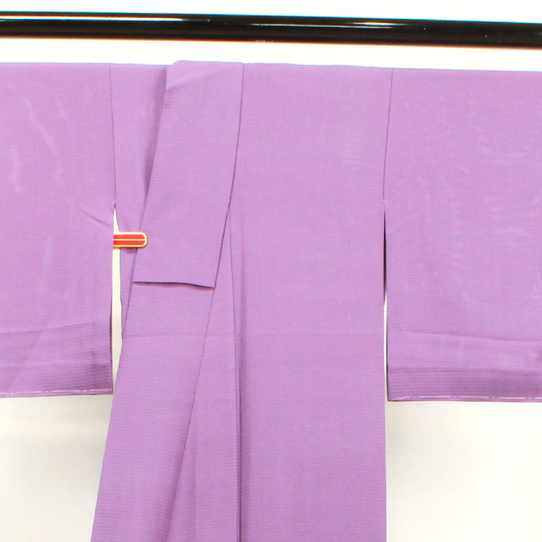 Summer item, pure silk, plain color, length 156.5cm, sleeve length 62cm, aoi-iro (blue color), plain color, left three-leaf kimono pattern, with basting thread, silk, S rank, purple, 1132001712320