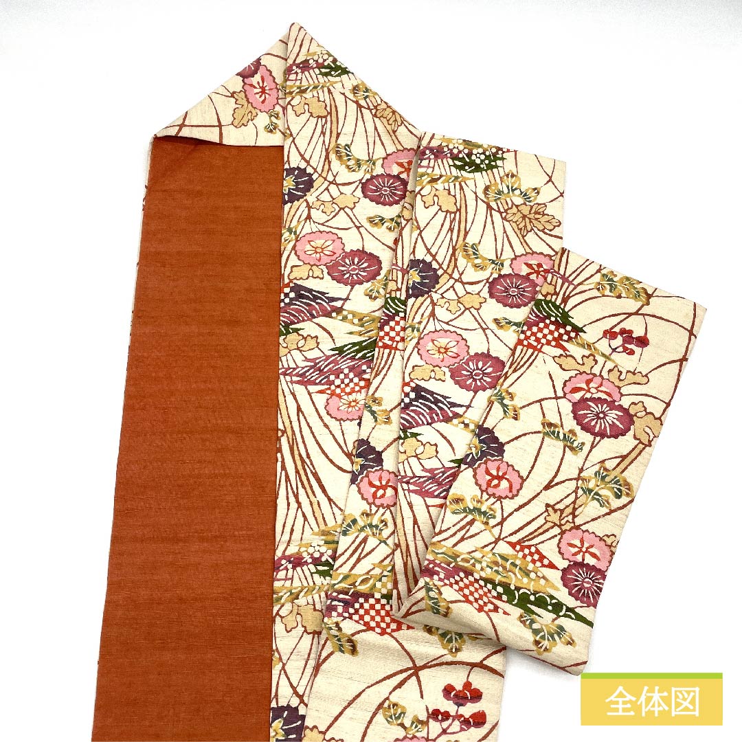 Nagoya obi, off-white, ivy leaves, cosmos, bingata pattern, obi length 360cm, pure silk, S rank, full length, casual, cream color, 1124006462315, Nagoya style