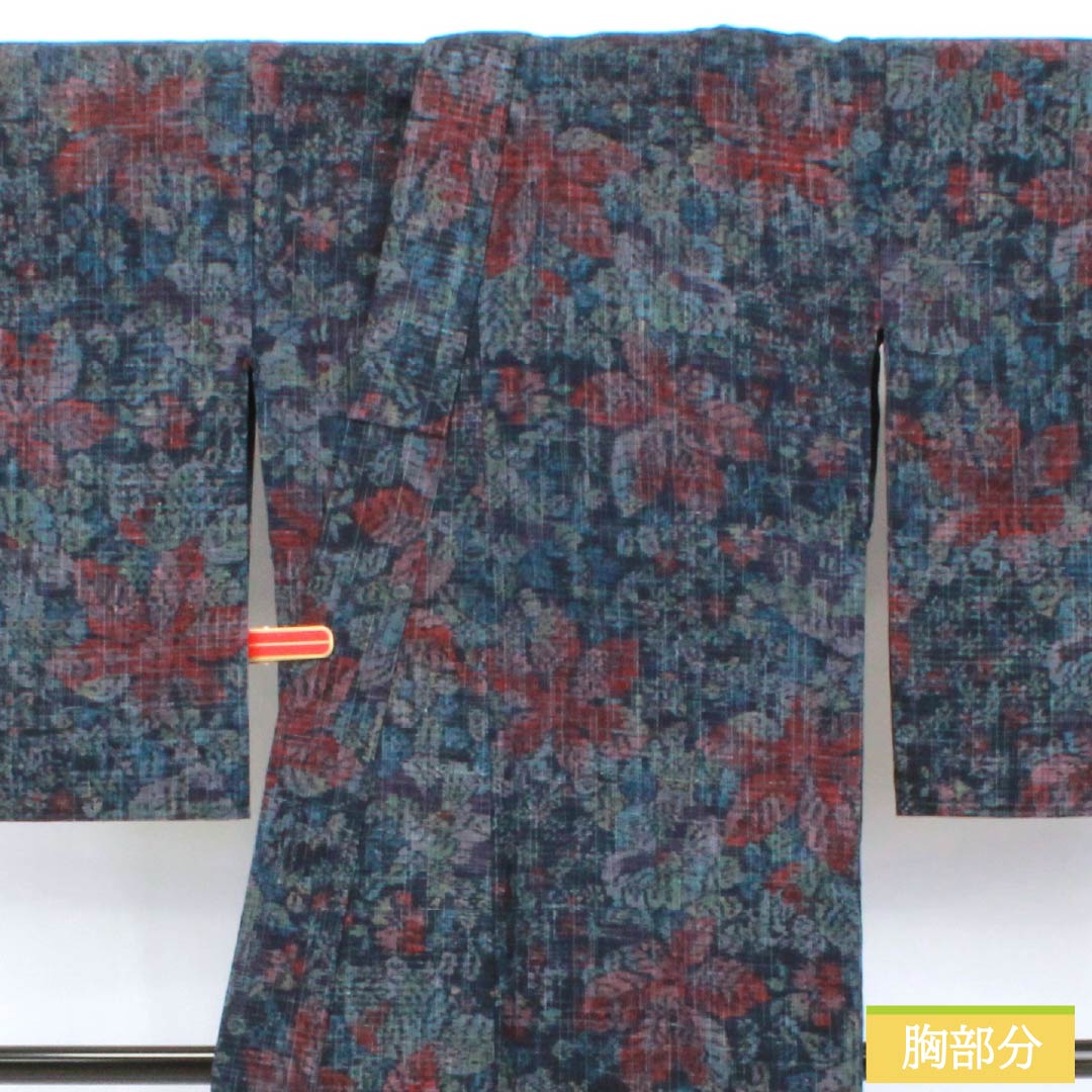 Tsumugi Silk S Rank Length 159.5cm Sleeve Length 66cm Dark Blue Floral Pattern Unlined Navy 1116005152318