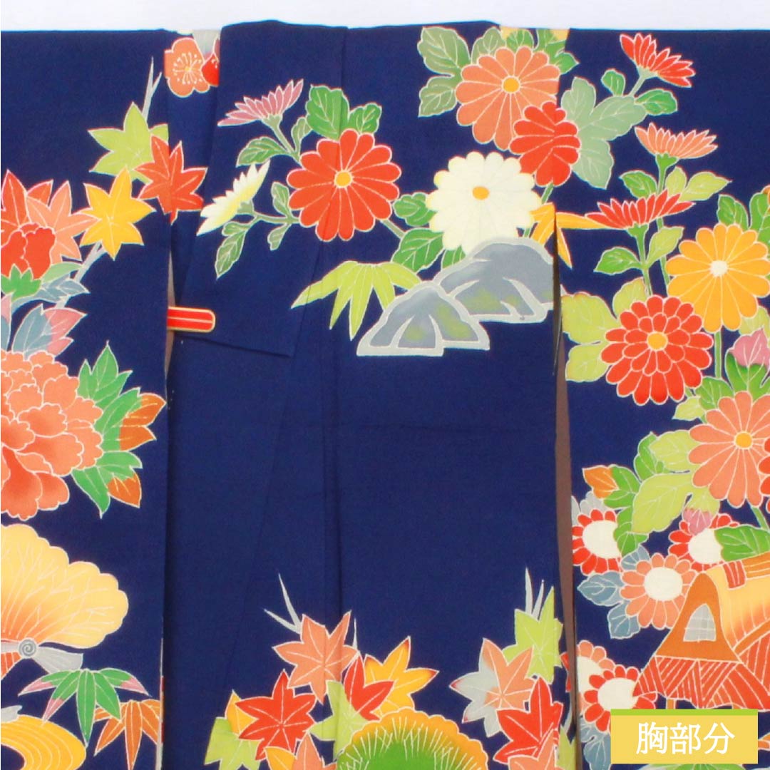 Furisode (long-sleeved kimono) made of pure silk, grade A, length 153cm, sleeve length 60.5cm, lined, stencil-dyed, featuring auspicious plum and chrysanthemum motifs on crepe fabric with layered collar, blue, product number 1113002233217