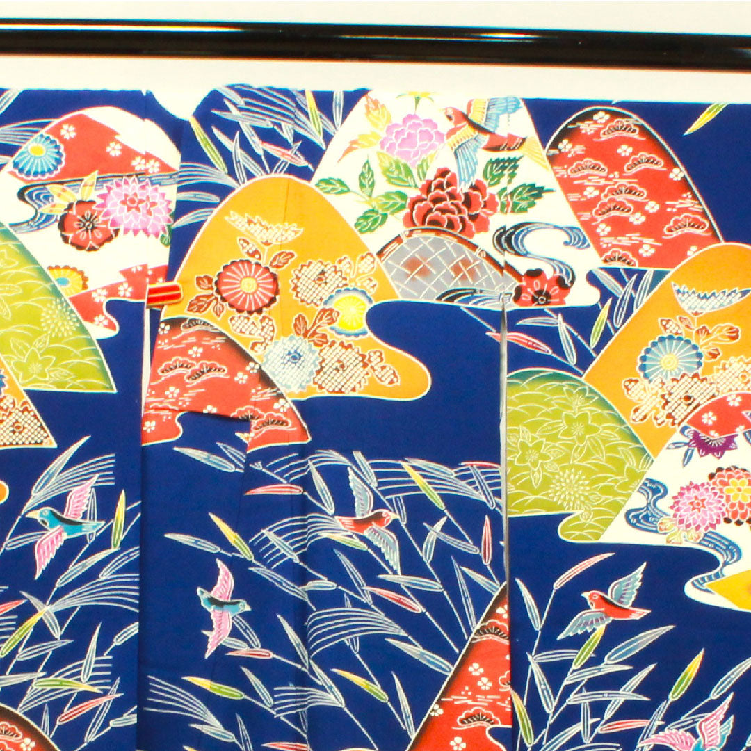 振袖 身丈160cm 裄丈65cm 袷  瑠璃色 京紅型 吉祥文様  正絹 Aランク 紺系 1113001753418