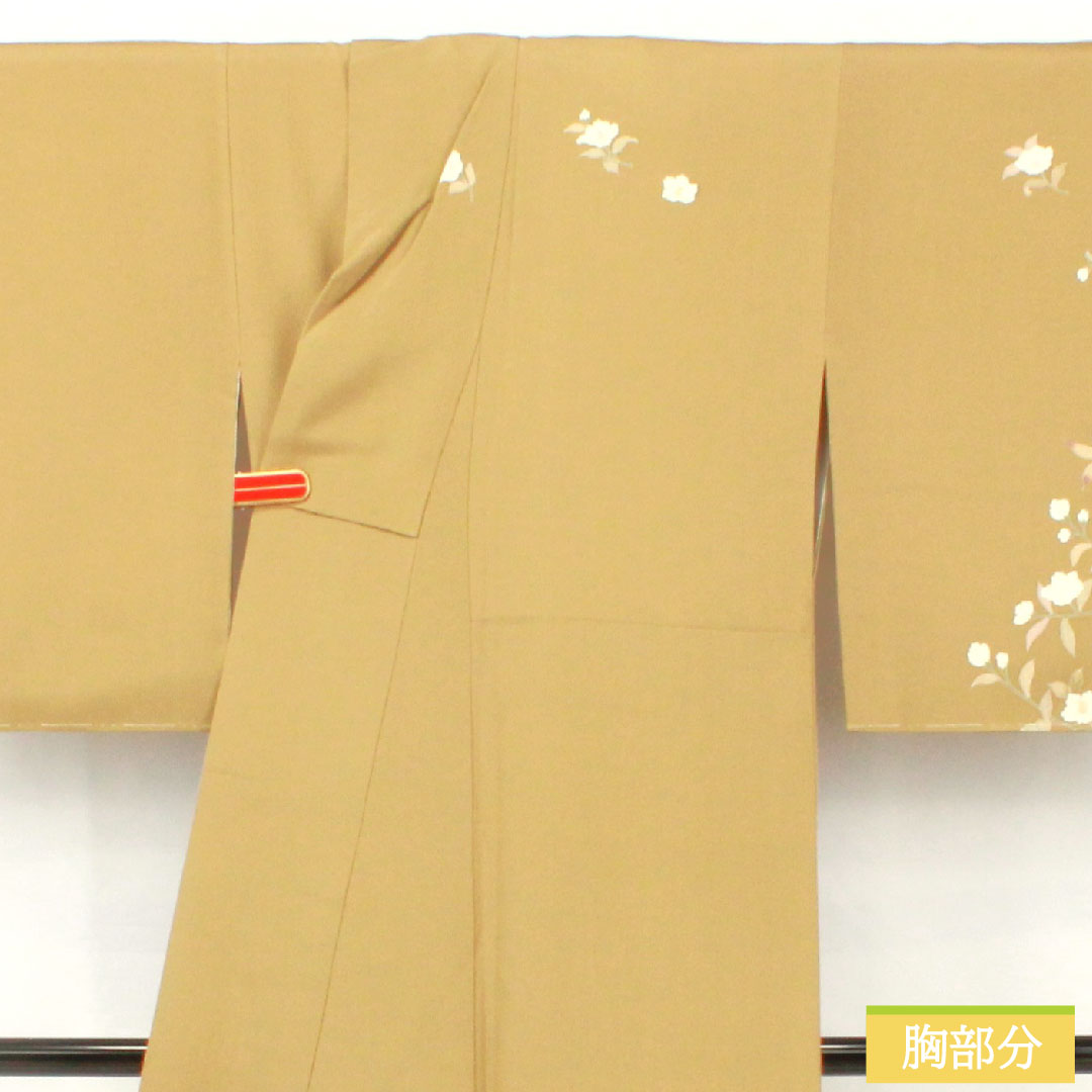 Homongi, pure silk, lined, length 159cm, sleeve length 62cm, yamamomoiro (Japanese plum color), Kyo-Yuzen, camellia, S rank, yellow, 1112005232323