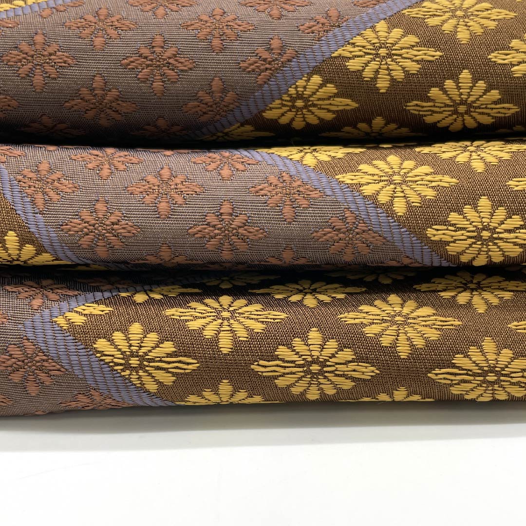 [Unfinished] Half-width obi, polyester, S rank, yokan-iro (dark reddish-brown), kiku-hishi pattern, obi length 400cm, brown tones, 1125001772414