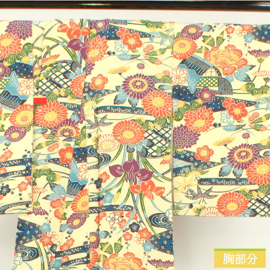 Komon, pure silk, length 155cm, sleeve length 62.5cm, lined, light yellow, Kyoto Bingata, pongee fabric, floral pattern, S rank, cream, 1115004352315