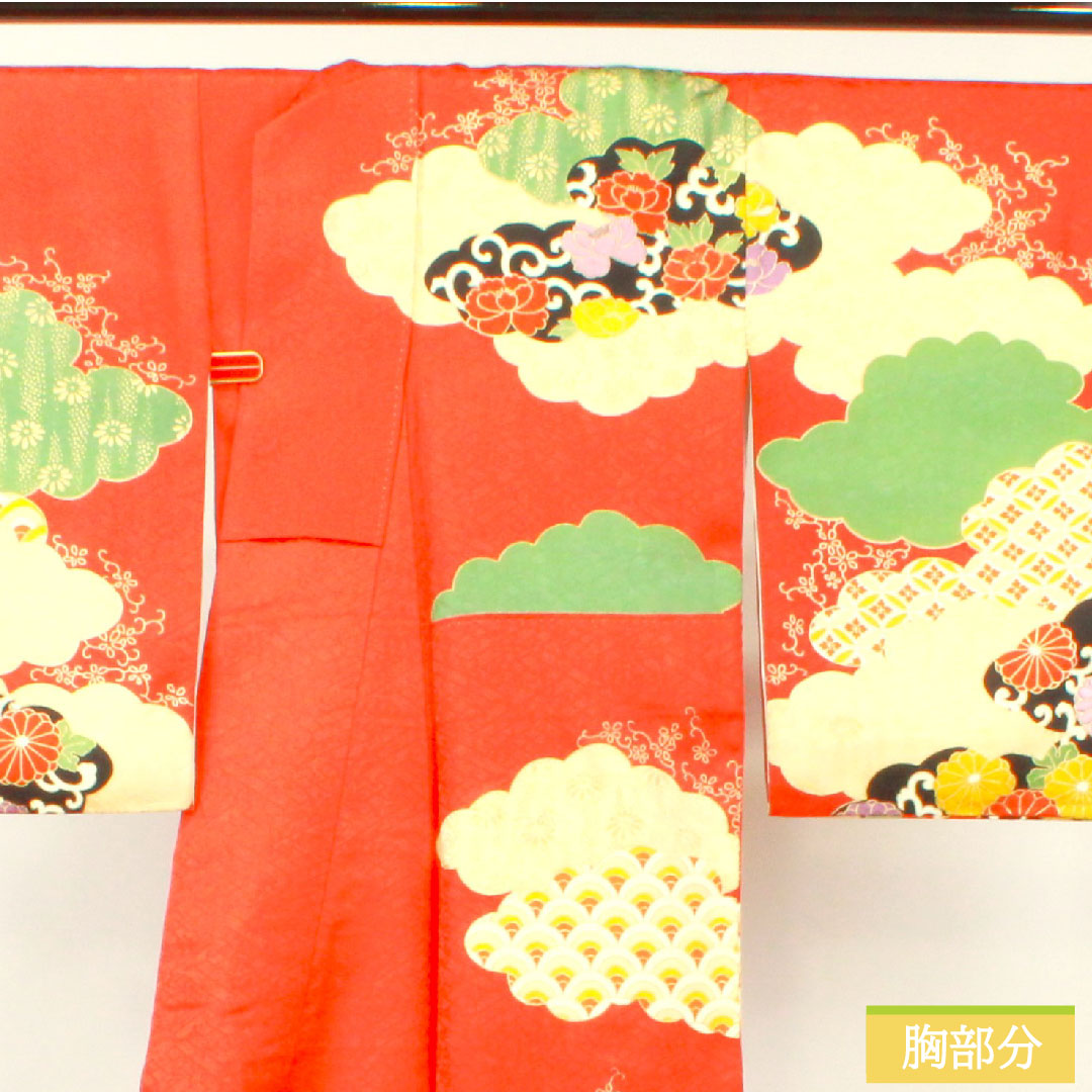 Homongi, pure silk, lined, length 160cm, sleeve length 63cm, scarlet, Kyoto Yuzen, embroidery, auspicious motif, one crest (sewn crest), Gosankiri, S rank, vermilion, 1112003752416