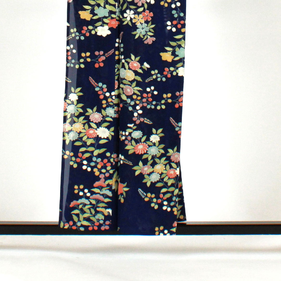 小紋 身丈159cm 裄丈62cm 絽  駒絽 花模様  正絹 Aランク 紺系 1115000743318