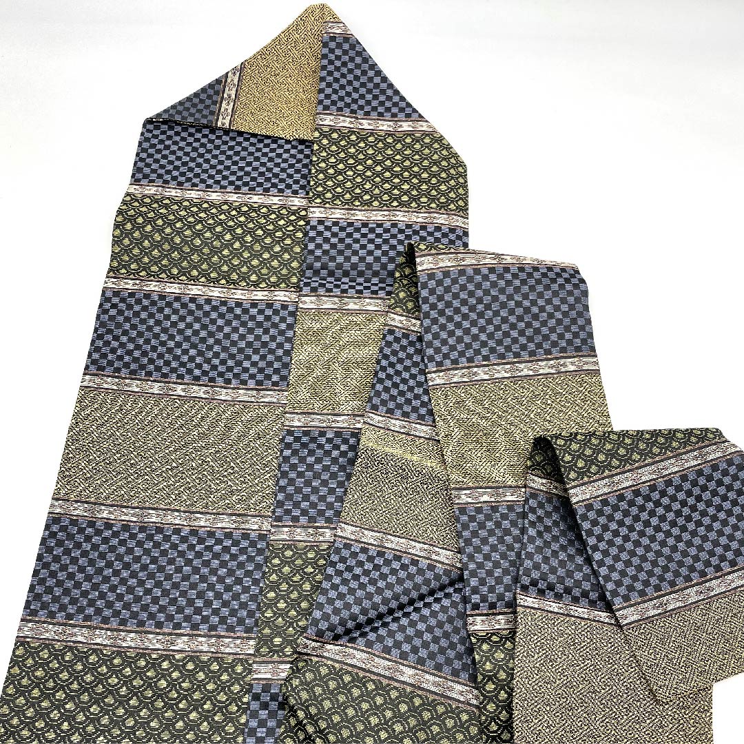 Nagoya obi, gradation, checkered pattern, Seigaiha pattern, Sayagata pattern, horizontal stripes, obi length 375.5cm, pure silk, S rank, full length, casual, gradation, 1124003192399, Nagoya style