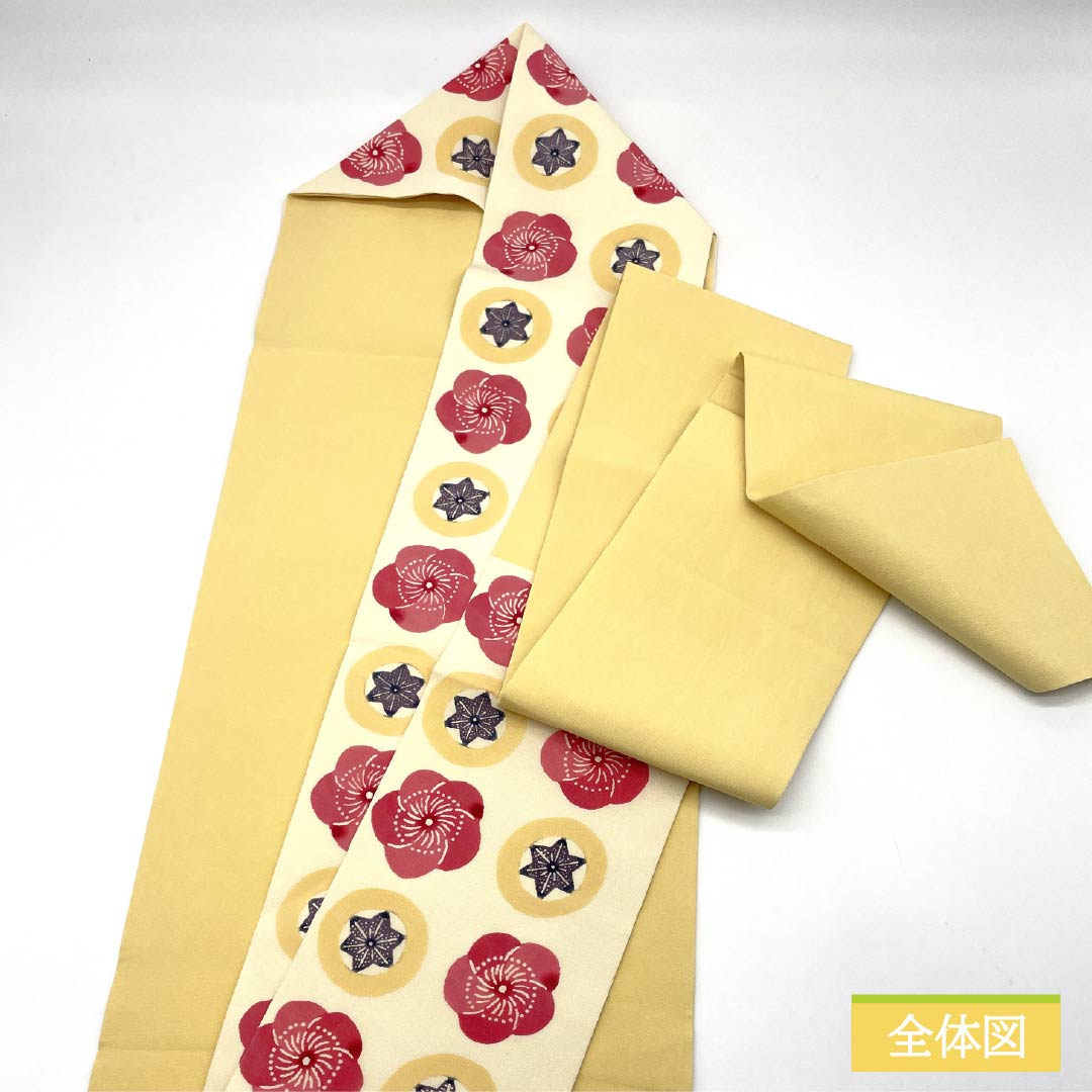 Nagoya obi, natural color (kinariiro), stencil-dyed, crepe fabric, twisted plum, obi length 360cm, pure silk, S rank, full length, casual, cream color, 1124007702315, Nagoya style