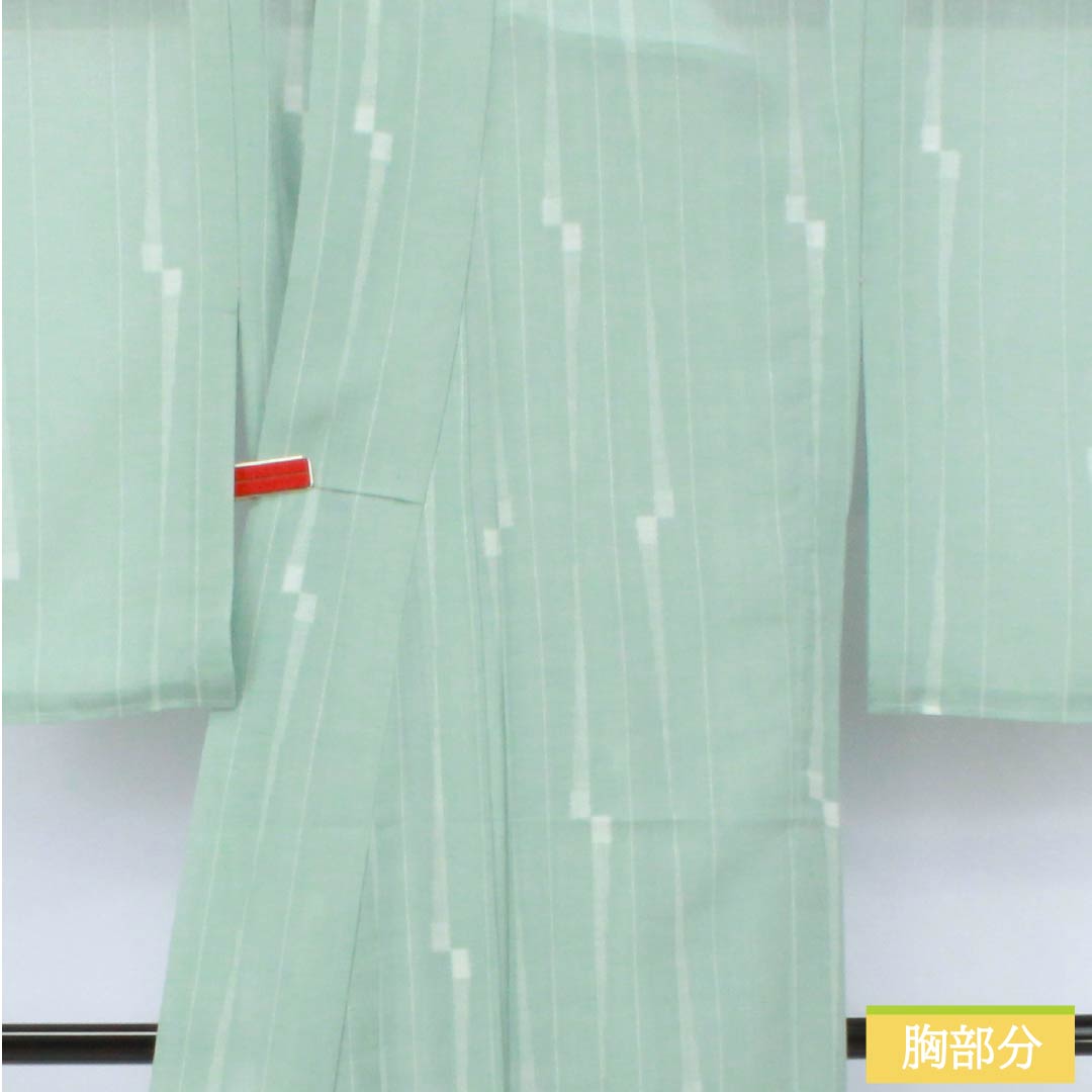 Summer kimono, polyester, small pattern, length 163cm, sleeve length 65cm, light blue (usumizuiro) striped, washable, gauze, S rank, green, 1132002662419