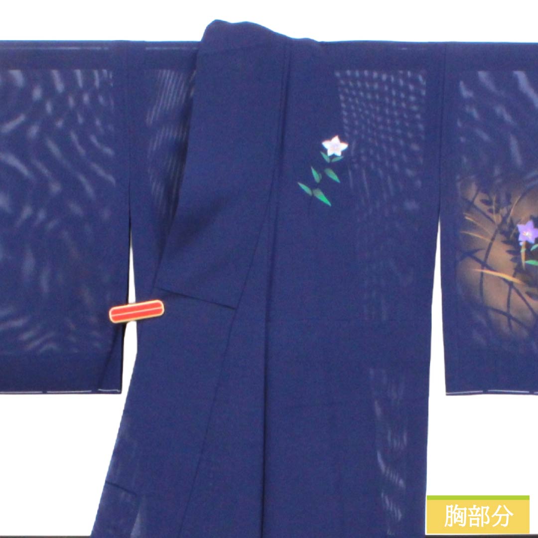 夏物 正絹 訪問着 Aランク 身丈158.5cm 裄丈62.5cm 濃桔梗色（こいききょういろ） 付下げ 秋草模様 蛍 絽 紺系 1132004703318