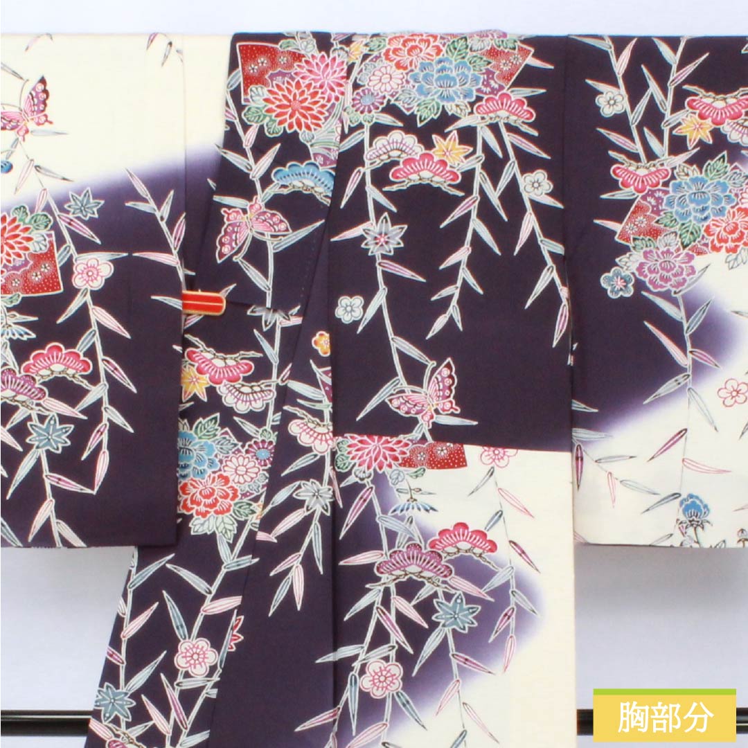Homongi Silk A Rank Awase 155.5cm Length 62cm Sleeve-to-sleeve Deep Purple Kyo-Bingata Pine, Bamboo, Plum, Butterfly, Fan, Chrysanthemum Purple System 1112006403320