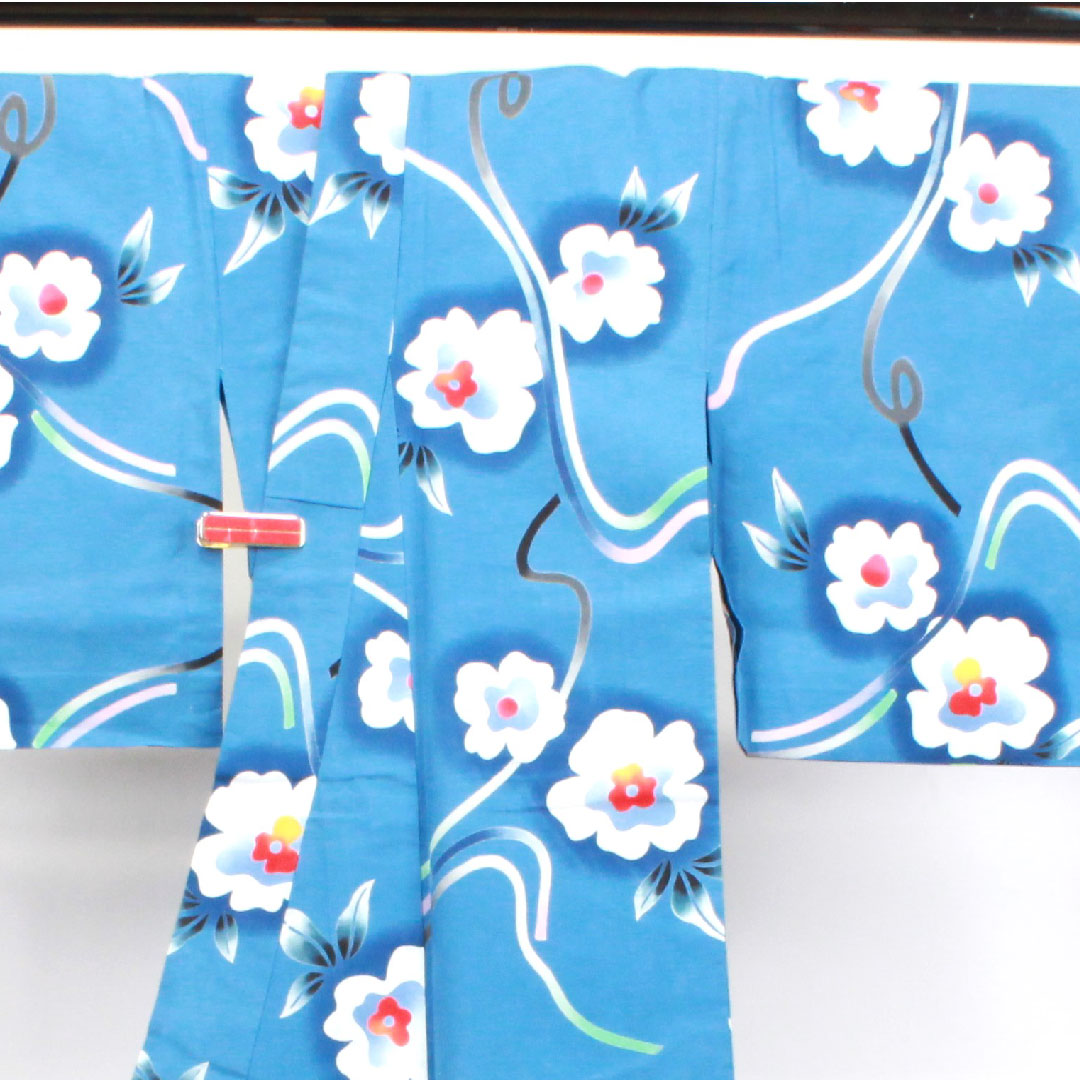 Yukata, sky blue, floral pattern, cotton, S rank, single layer, length 152cm, sleeve length 63cm, blue 1118003342217