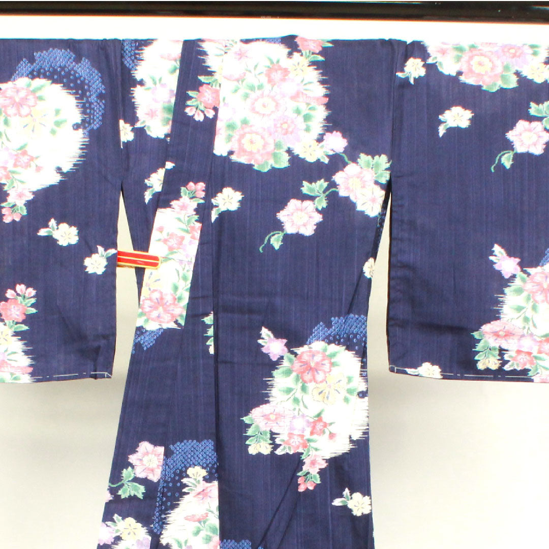 Yukata with basting thread, unused, navy blue, snowflake, floral pattern, cotton, S rank, single layer, length 171cm, sleeve length 65.5cm, navy blue, 1118002072618