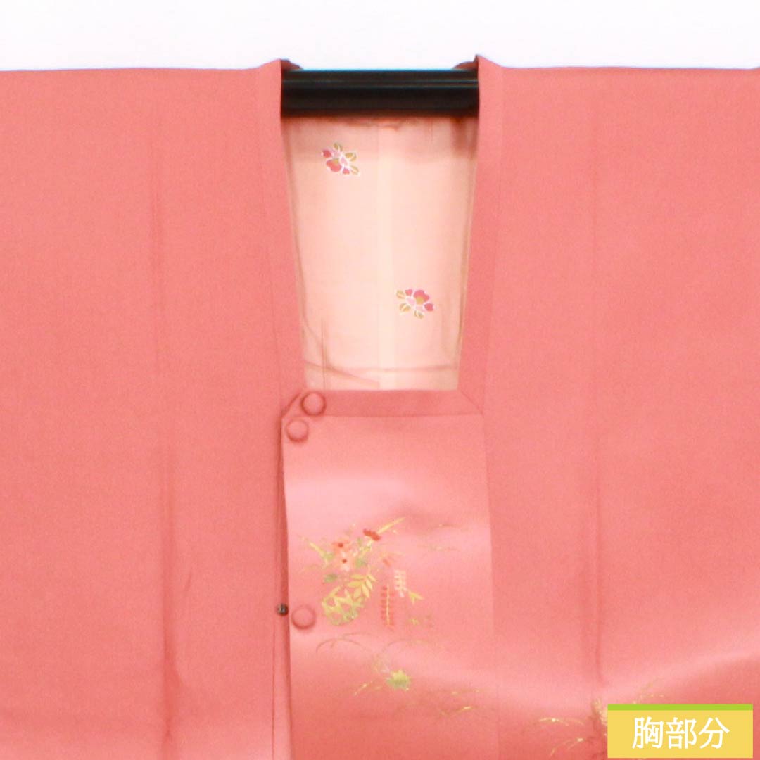 道行コート 正絹 Sランク 身丈88.5cm 裄丈68cm 紅唐色（べにとういろ） 刺繍 金彩加工 花 袷 赤系 1117001212912