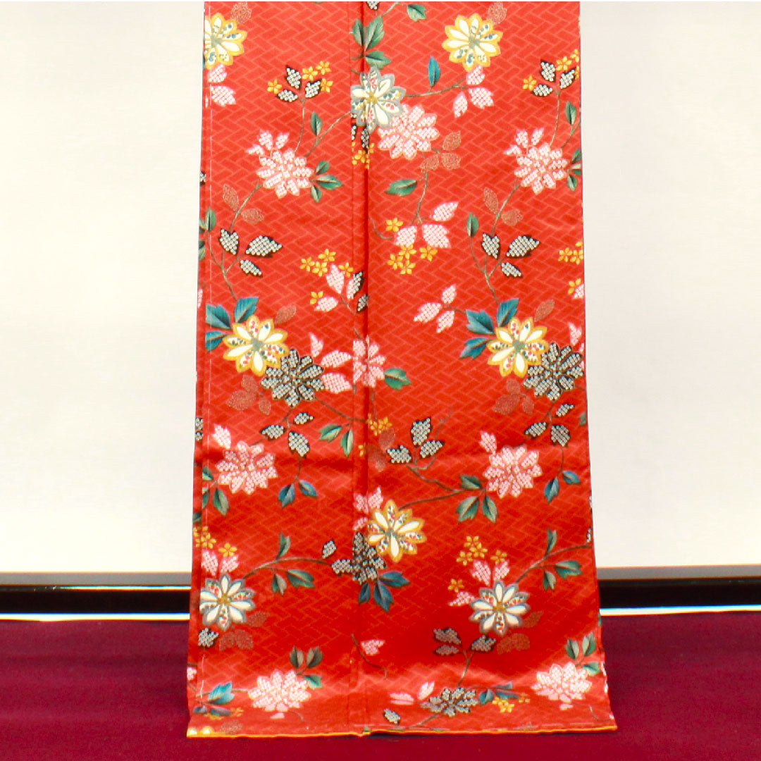 小紋 身丈175cm 裄丈65cm 袷  しつけ糸付き 銀朱色 草花模様  正絹 Sランク 朱系 1115002772816