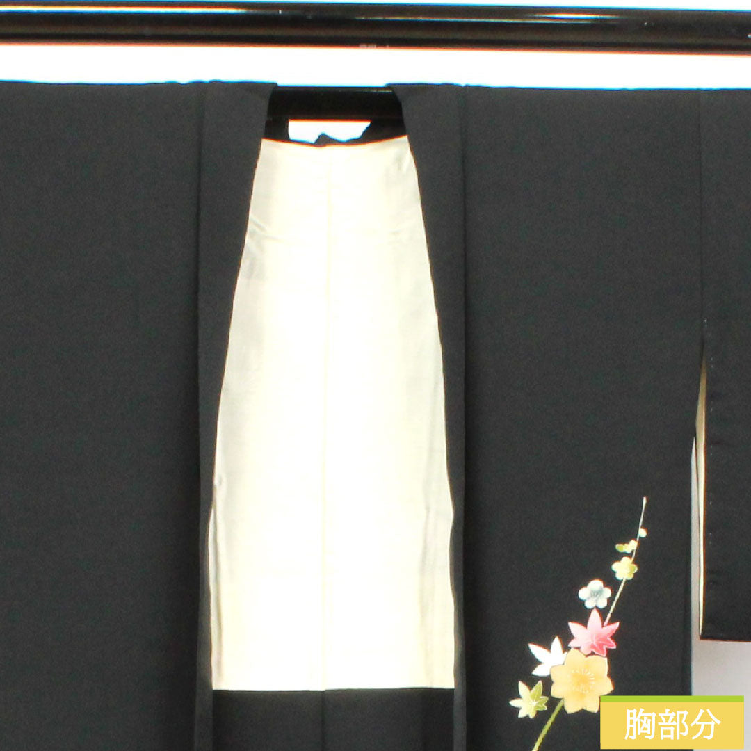 Haori, pure silk, length 78cm, sleeve length 64cm, black haori, Kyo-Yuzen, plum, autumn leaves, A rank, lined, black, 1117000793910