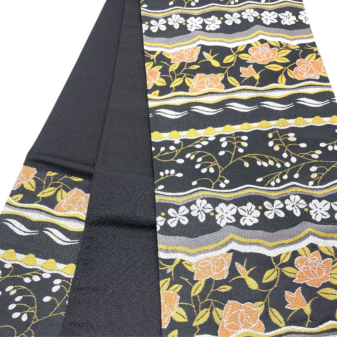 【未仕立】袋帯 正絹 NEWランク 薔薇 横段 幾何学模様   帯丈450cm 六通 セミフォーマル 黒系 1123002551410