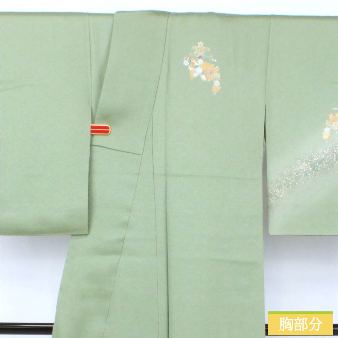 Visiting Kimono, Pure Silk, Grade A, Lined, Length 155cm, Sleeve Length 58.5cm, Back Leaf Color (Ura-iro), Mother-of-Pearl Inlay and Gold Finish, Auspicious Motifs, Tango Chirimen, Hatcho Mizu-yori, Green, Product Number: 1112007423319