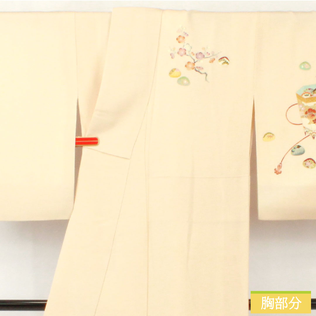 訪問着 正絹 袷 身丈158cm 裄丈64.5cm 砥粉色（とのこいろ） 京友禅 貝桶 吉祥文様 しあわせガード Aランク クリーム系 1112005803315