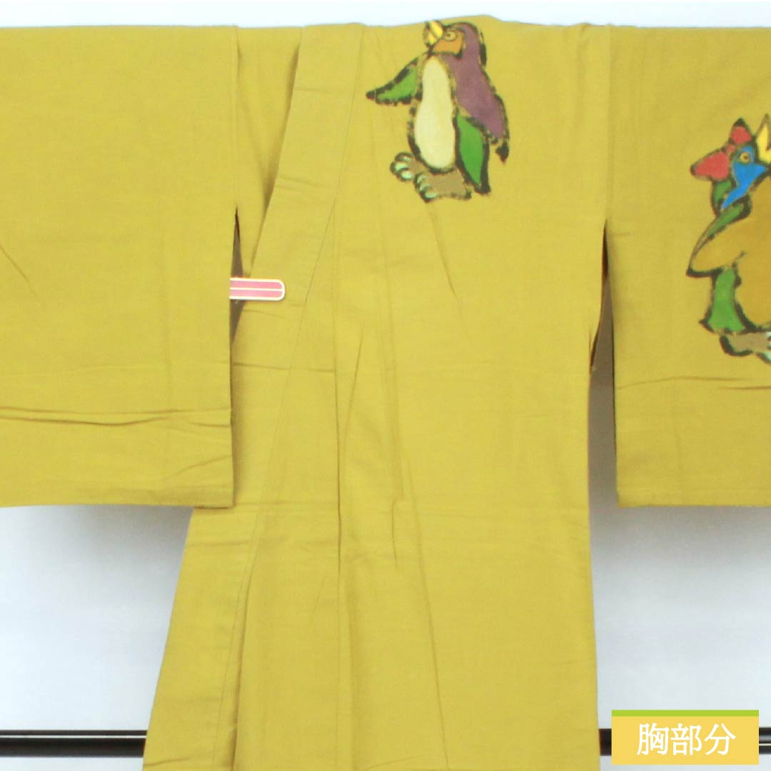 Cotton Yukata, Length 153cm, Sleeve Length 62.5cm, Rank A, Single-Layer, Light Yellow (Asakikiiro), Penguin Design, Product Number 1118005783223