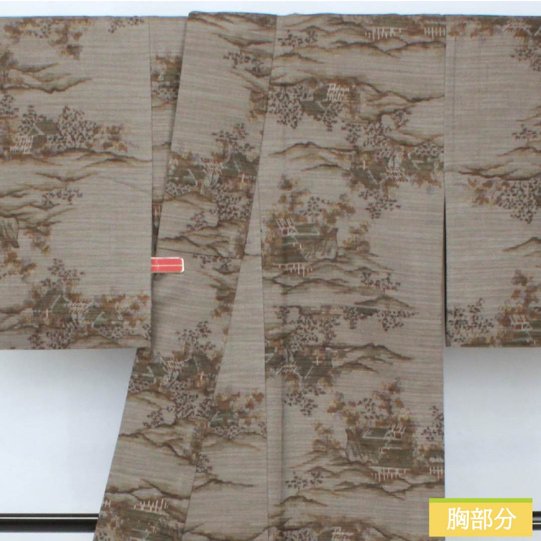 紬 正絹 身丈161.5cm 裄丈66cm 京極生壁色（きょうごくなまかべいろ） 風景模様 居敷当て付き Sランク 単衣 グレー系 1116003802422