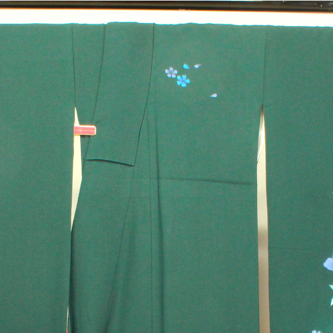 振袖 身丈165cm 裄丈70cm 袷  鉄色 京友禅 花模様  正絹 Aランク 緑系 1113001563519