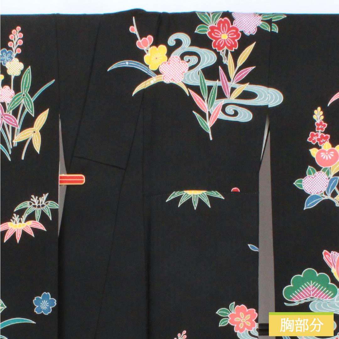 振袖 正絹 Sランク 身丈170cm 裄丈70cm 袷 黒色 京紅型 吉祥文様 七宝 桜 黒系 1113002932610