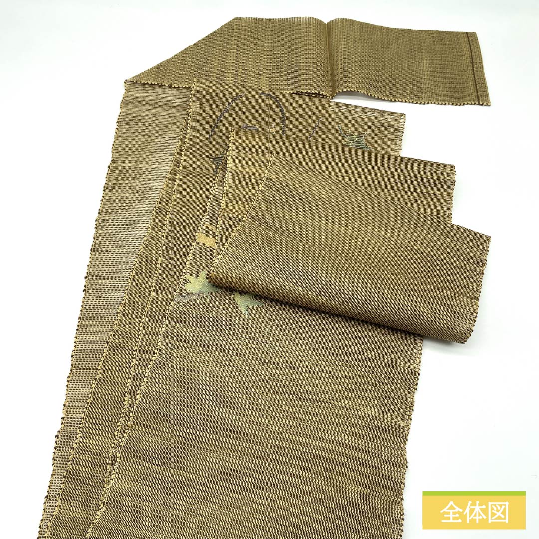 Nagoya obi, pure silk, straw color, summer obi, maple leaf, obi length 355cm, S rank, point pattern, semi-formal, beige, 1124008192325, pine needle style