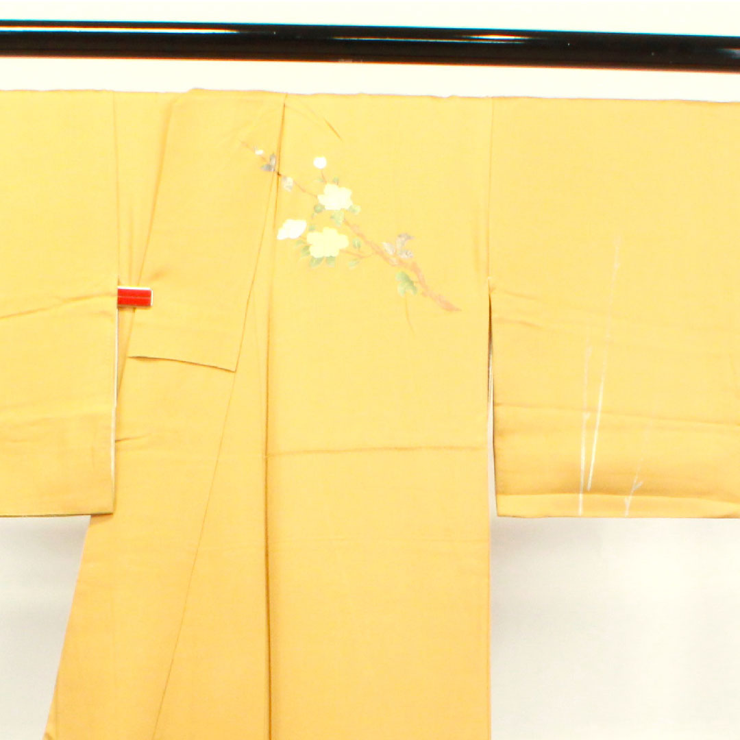 Homongi, pure silk, lined, length 147cm, sleeve length 63cm, light tangerine color, gold leaf finish, floral pattern, S rank, yellow, 1112003092123